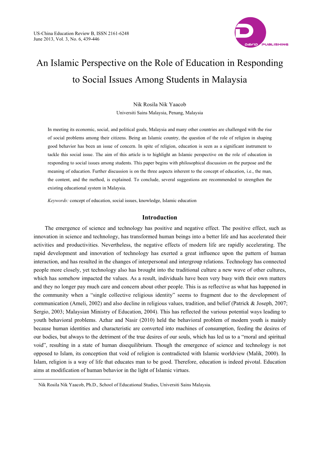 An Islamic Perspective on the Role of Education in Responding to Social Issues Among Students in Malaysia