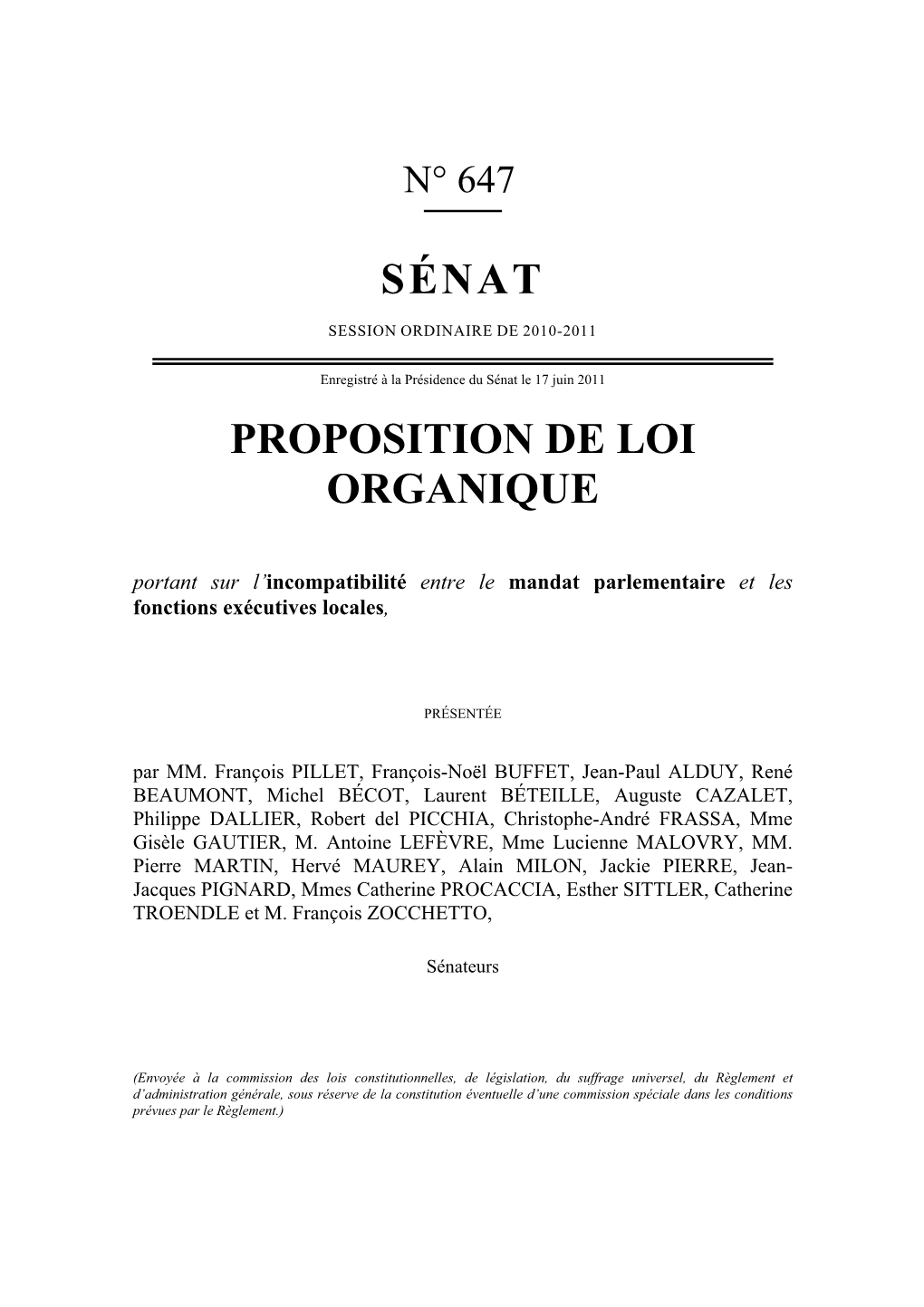 Sénat Proposition De Loi Organique