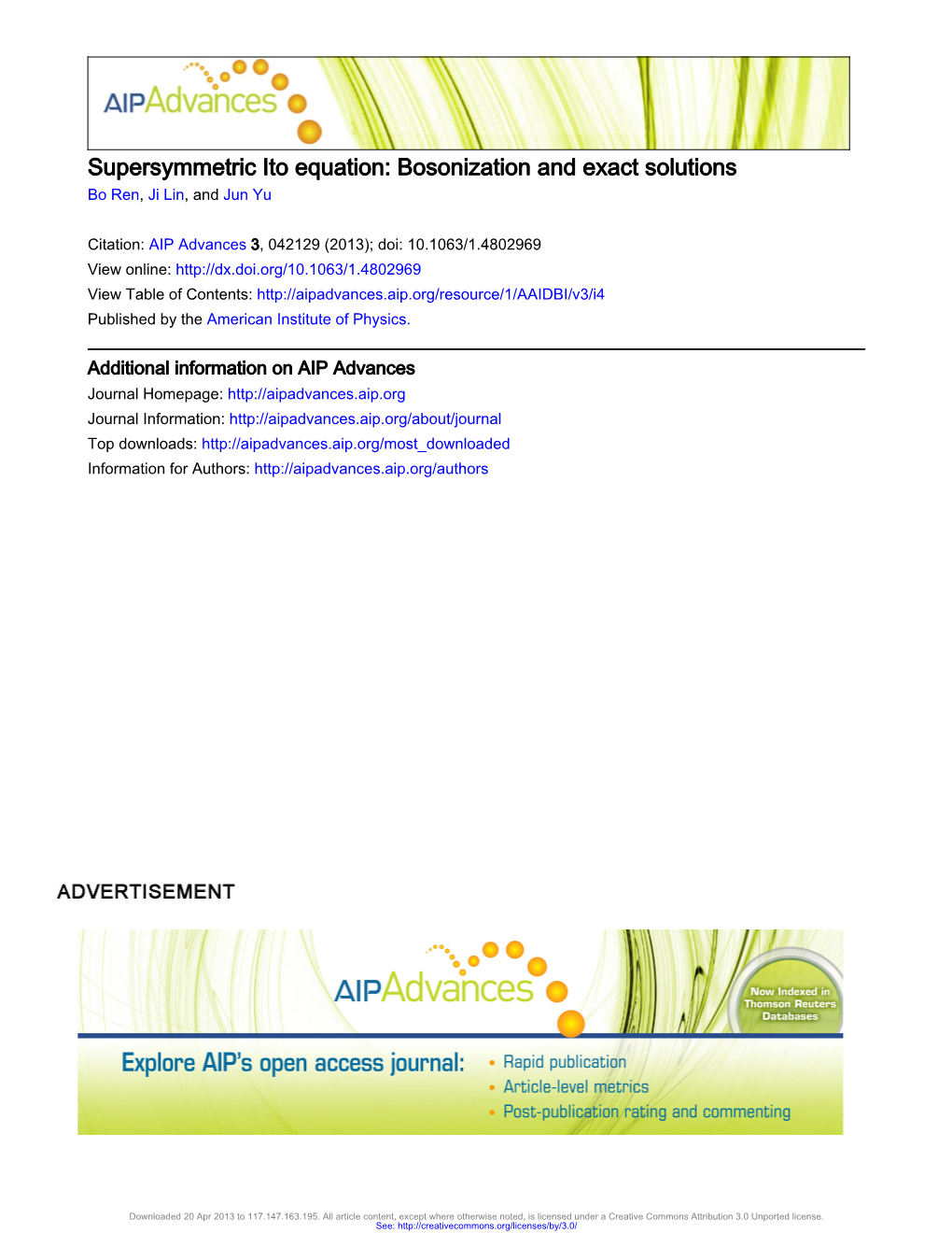 Supersymmetric Ito Equation: Bosonization and Exact Solutions Bo Ren, Ji Lin, and Jun Yu