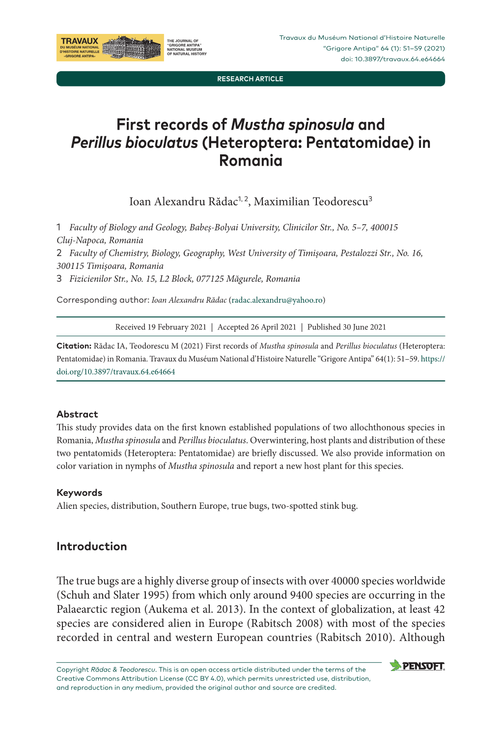 First Records of Mustha Spinosula and Perillus Bioculatus (Heteroptera: Pentatomidae) in Romania