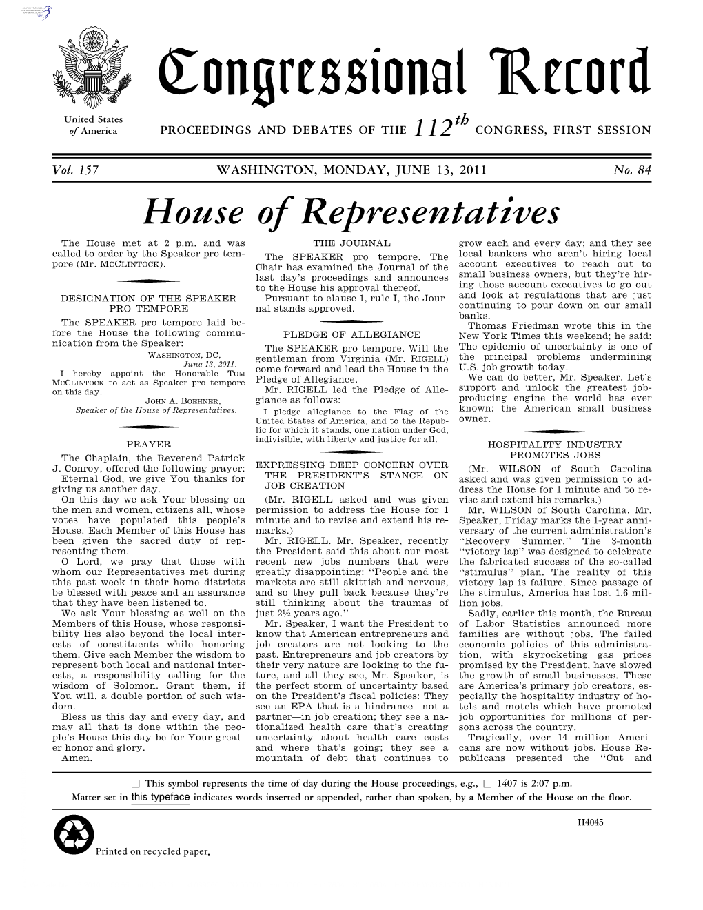 Congressional Record United States Th of America PROCEEDINGS and DEBATES of the 112 CONGRESS, FIRST SESSION