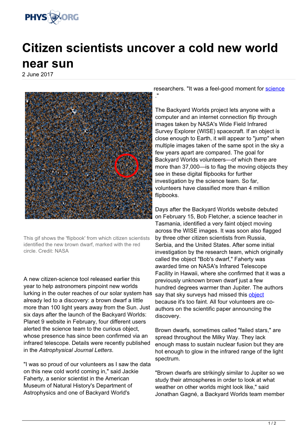 Citizen Scientists Uncover a Cold New World Near Sun 2 June 2017