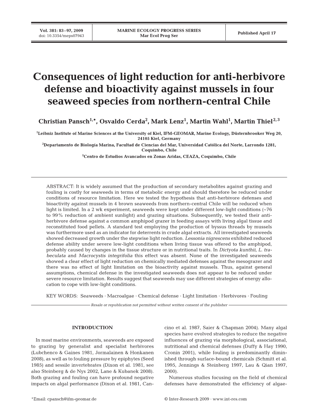 Consequences of Light Reduction for Anti-Herbivore Defense and Bioactivity Against Mussels in Four Seaweed Species from Northern-Central Chile