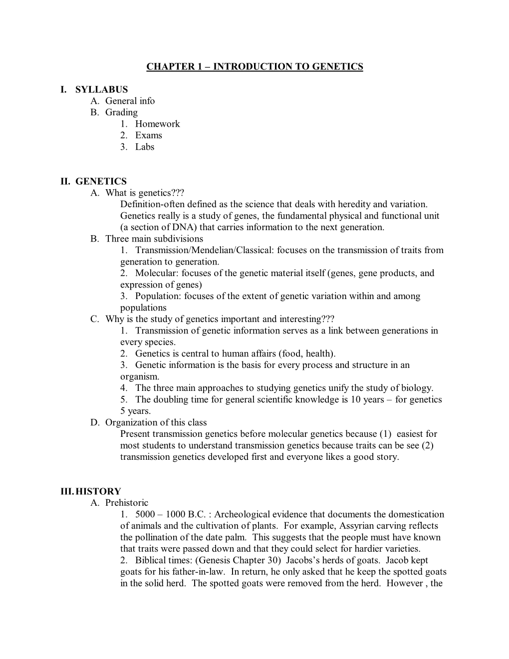 Chapter 1 – Introduction to Genetics I. Syllabus A