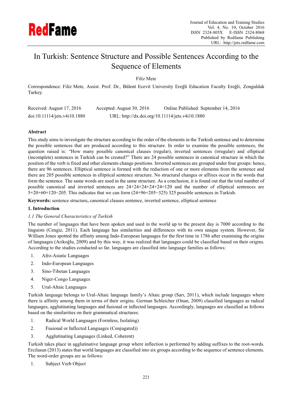 In Turkish: Sentence Structure and Possible Sentences According to the Sequence of Elements