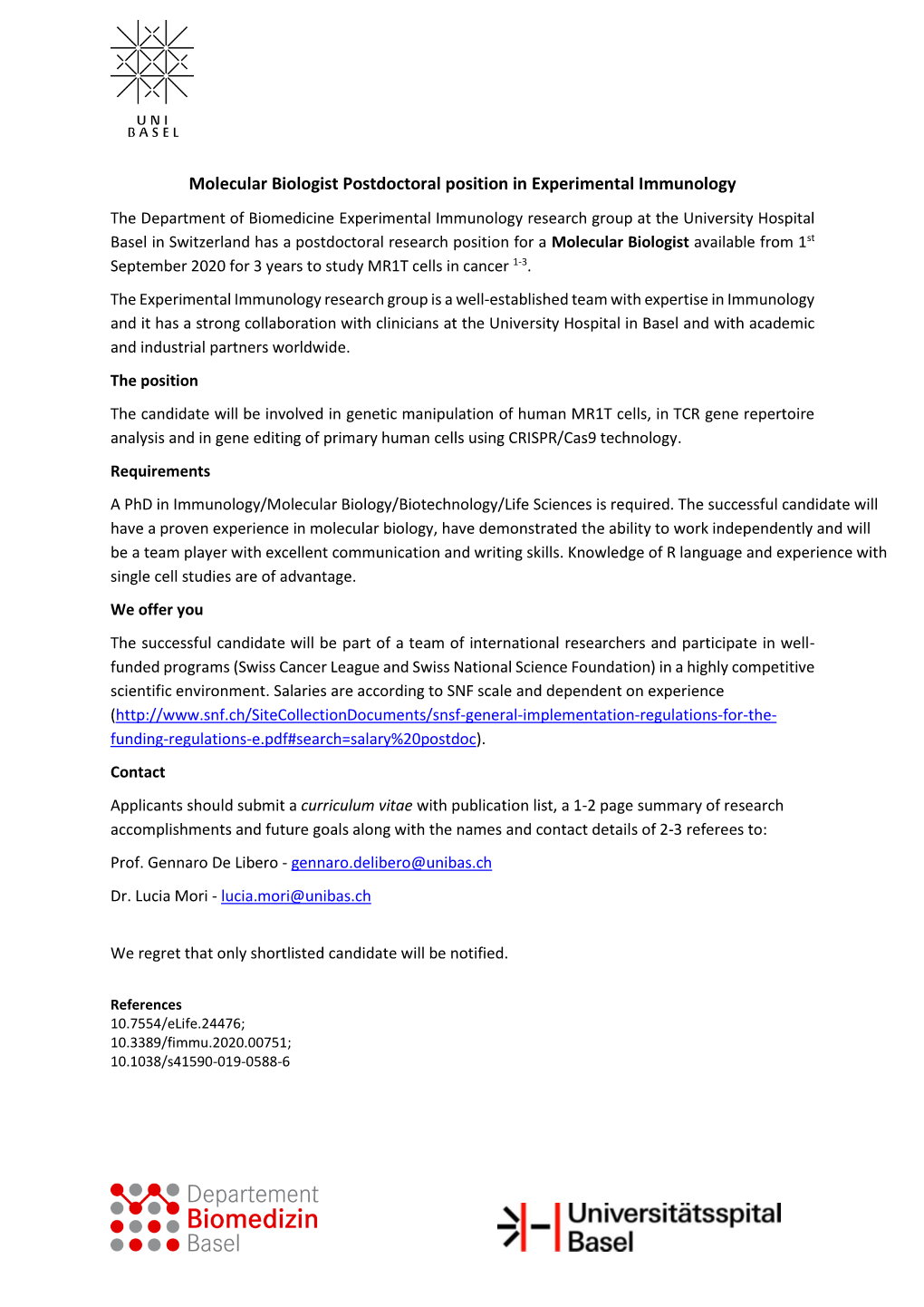 Molecular Biologist Postdoctoral Position in Experimental Immunology