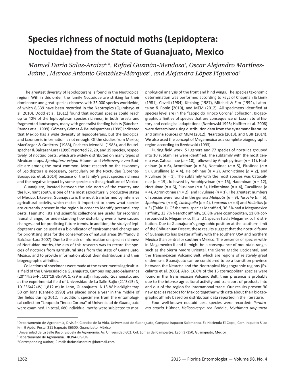 Species Richness of Noctuid Moths