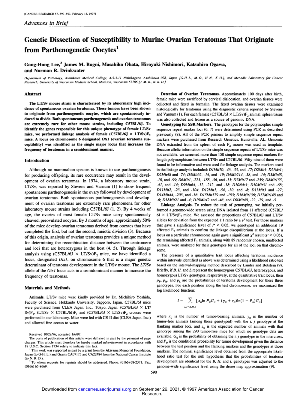 Genetic Dissection of Susceptibility to Murine Ovarian Teratomas That Originate from Parthenogenetic Oocytes1