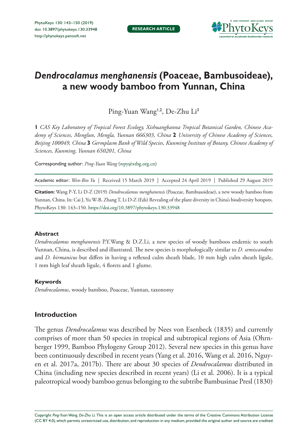 Dendrocalamus Menghanensis (Poaceae, Bambusoideae), a New Woody Bamboo from Yunnan, China