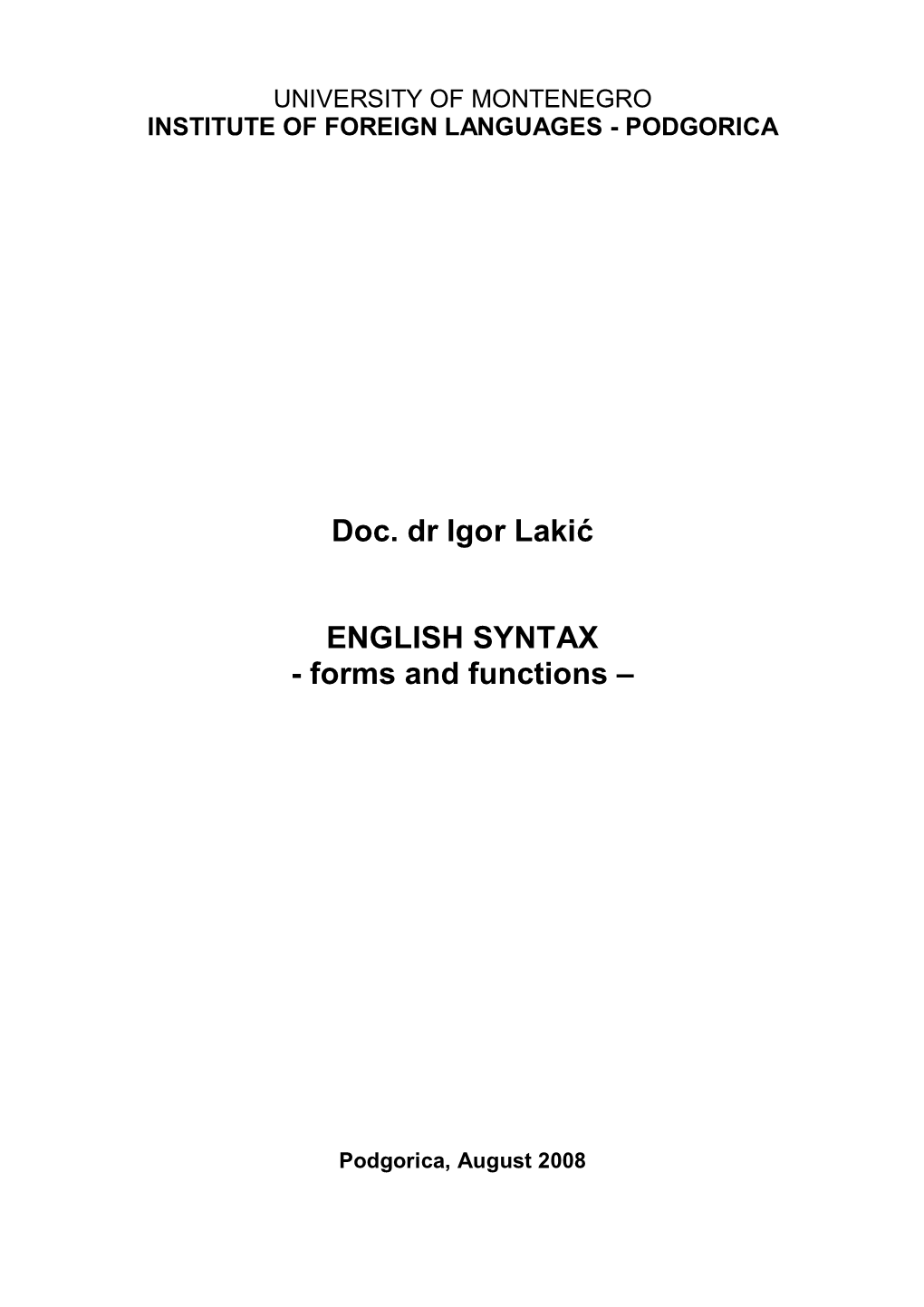 Doc. Dr Igor Lakić ENGLISH SYNTAX