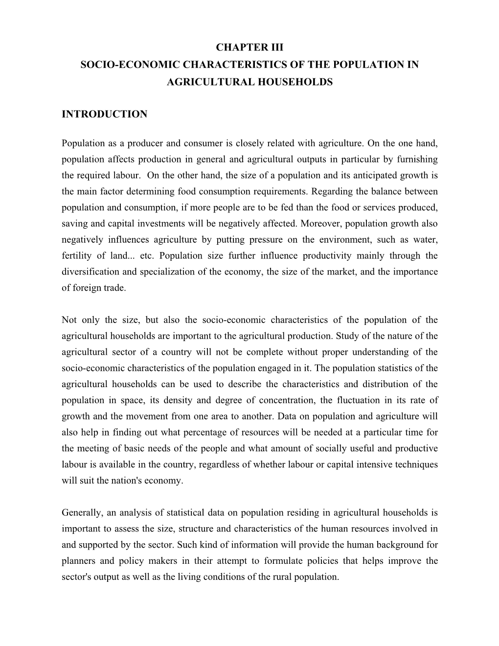 Chapter Iii Socio-Economic Characteristics of the Population in Agricultural Households Introduction