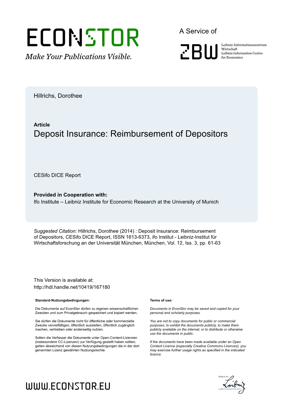 Deposit Insurance: Reimbursement of Depositors