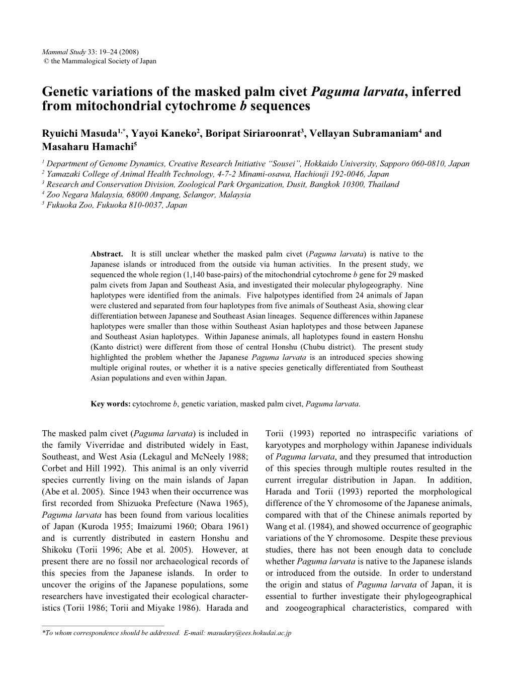 Genetic Variations of the Masked Palm Civet Paguma Larvata, Inferred from Mitochondrial Cytochrome B Sequences