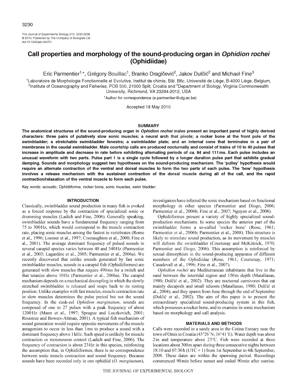 Call Properties and Morphology of the Sound-Producing Organ in Ophidion Rochei (Ophidiidae)