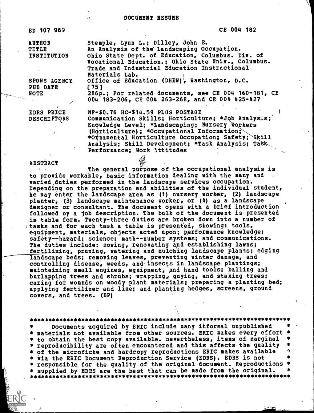 An Analysis of the Landscaping Occupation. INSTITUTION Ohio State Dept