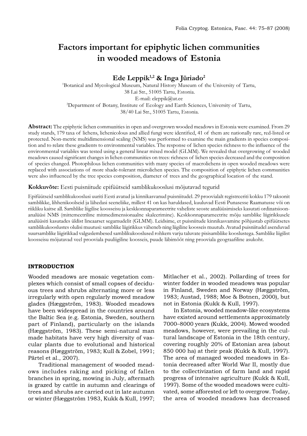 Factors Important for Epiphytic Lichen Communities in Wooded Meadows of Estonia