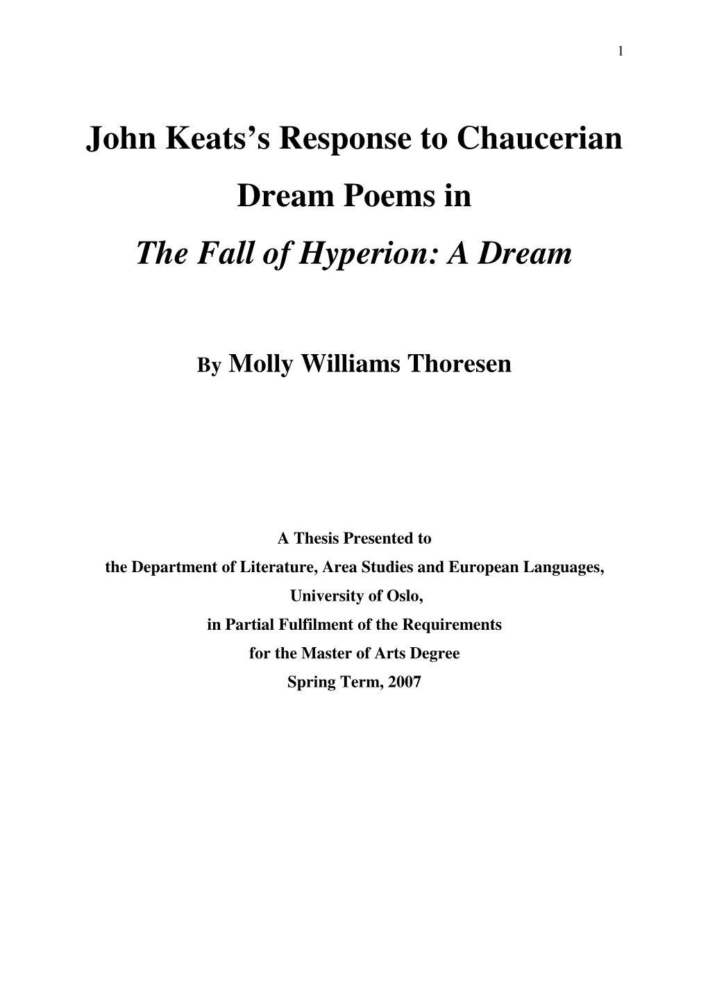 John Keats's Response to Chaucerian Dream Poems in the Fall Of