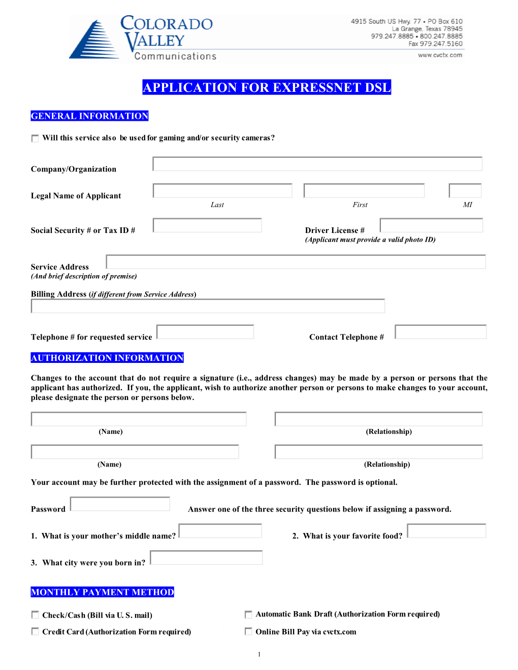 Application for Expressnet Dsl