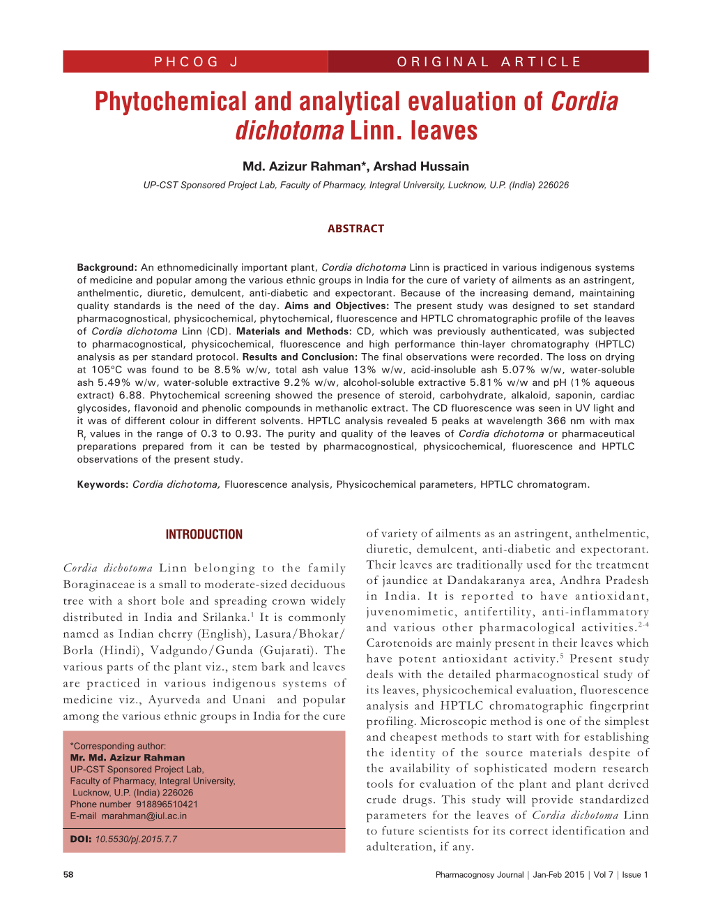 Phytochemical and Analytical Evaluation of Cordia Dichotoma Linn