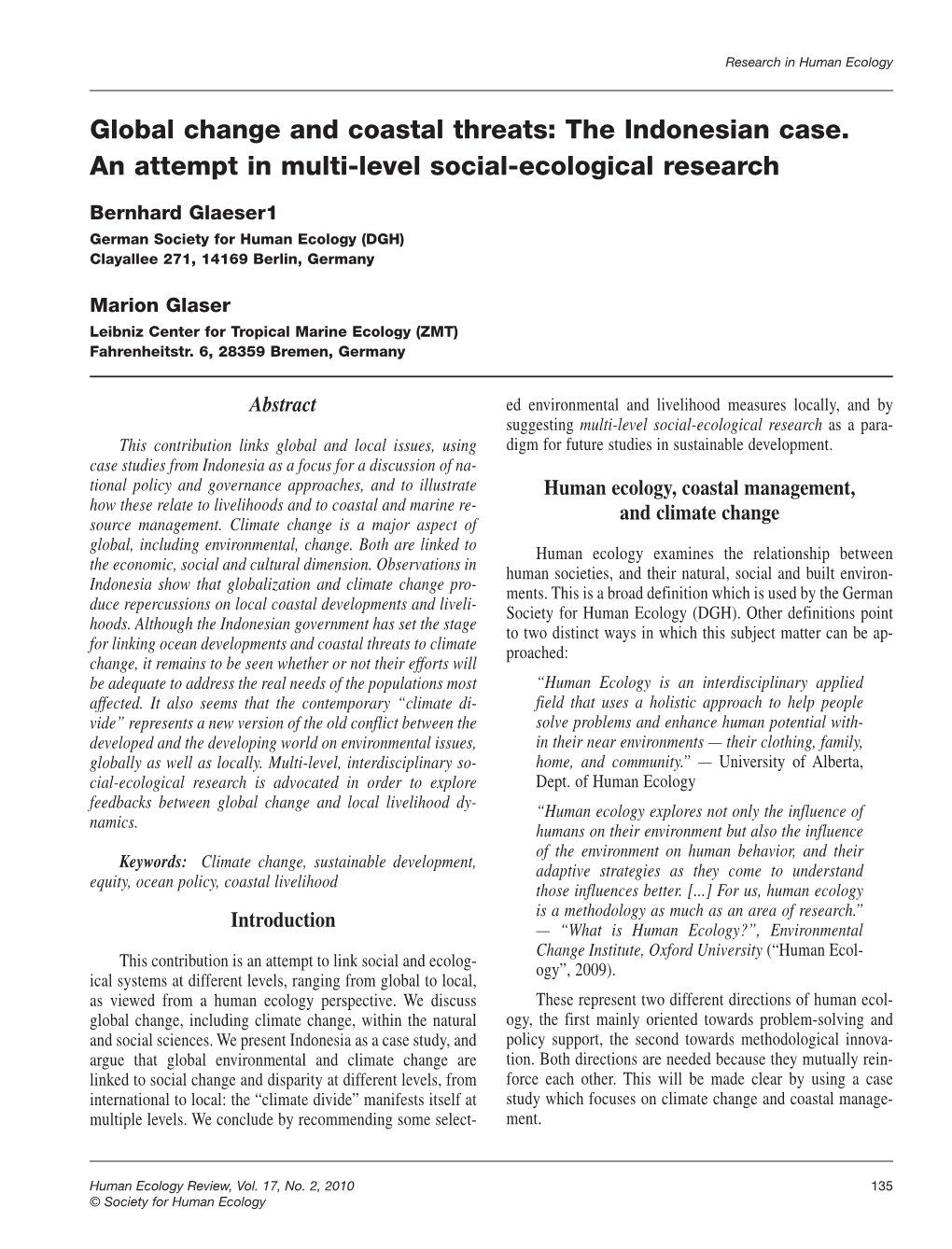 Global Change and Coastal Threats: the Indonesian Case. an Attempt in Multi-Level Social-Ecological Research