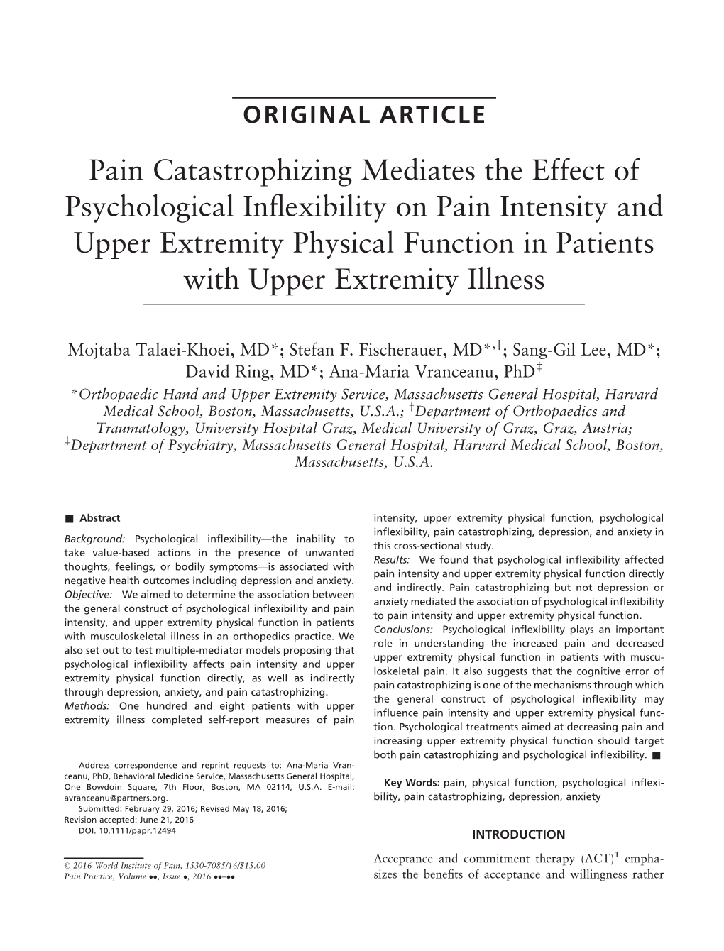 Pain Catastrophizing Mediates the Effect of Psychological Inflexibility