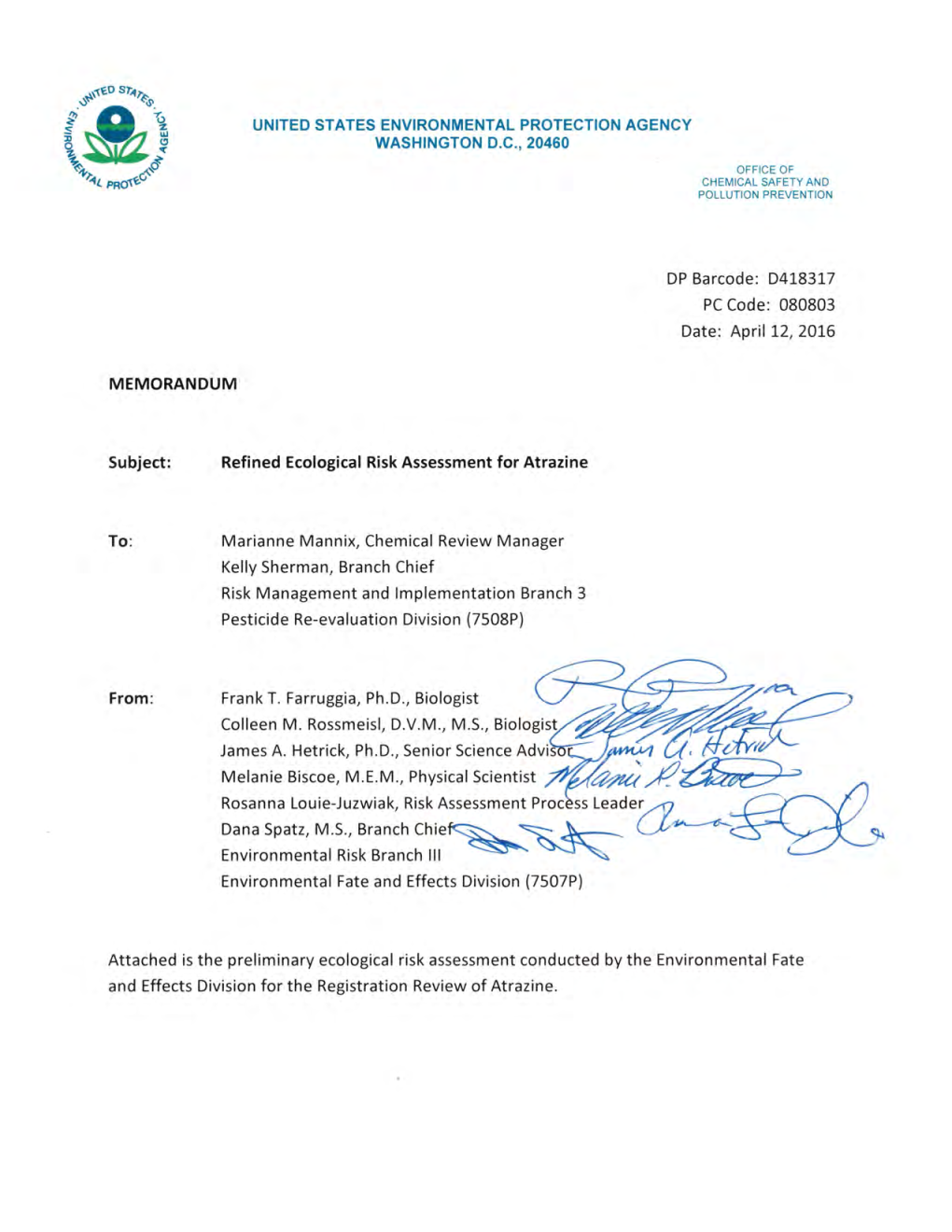 Refined Ecological Risk Assessment for Atrazine