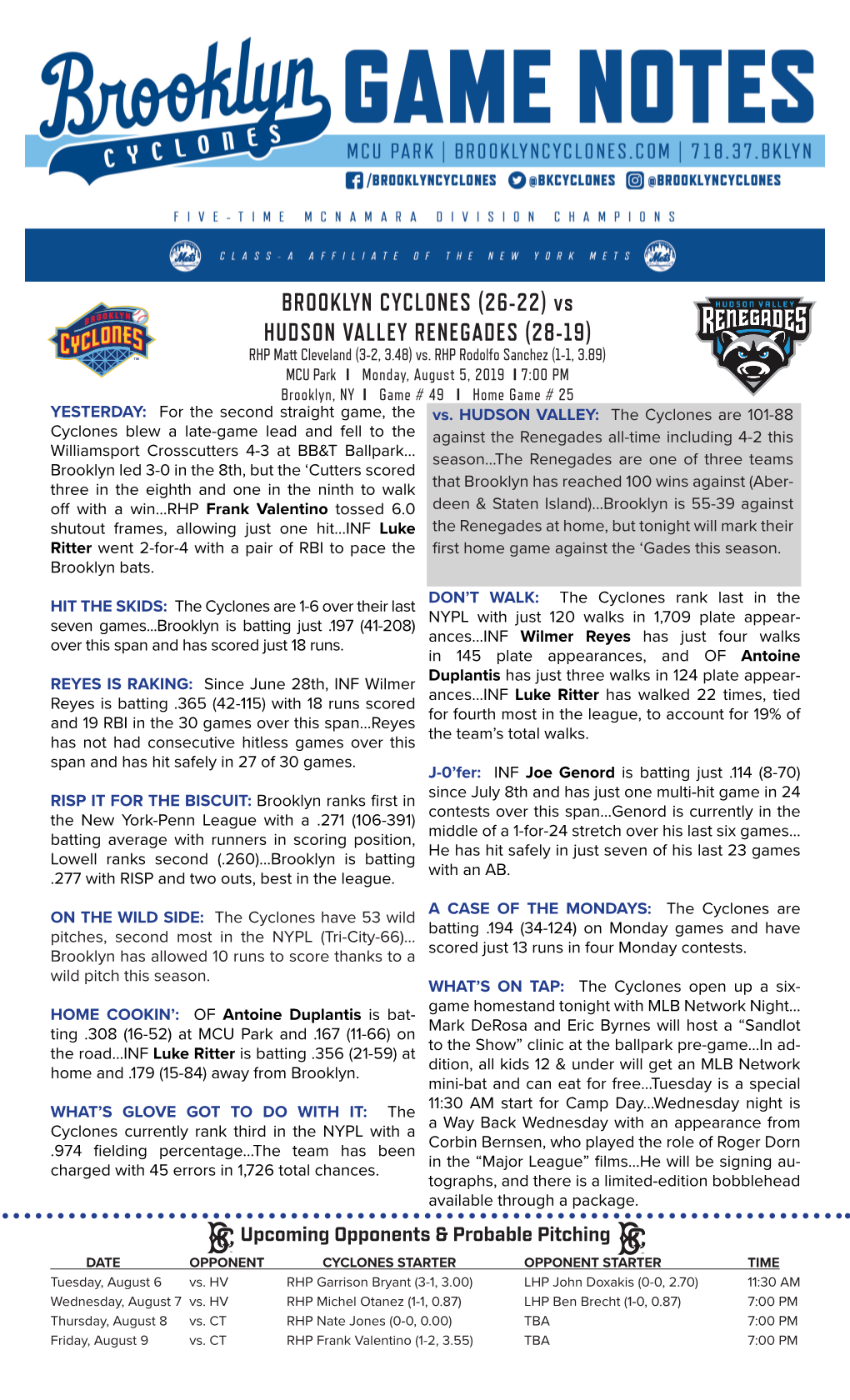 BROOKLYN CYCLONES (26-22) Vs HUDSON VALLEY RENEGADES (28-19) RHP Matt Cleveland (3-2, 3.48) Vs