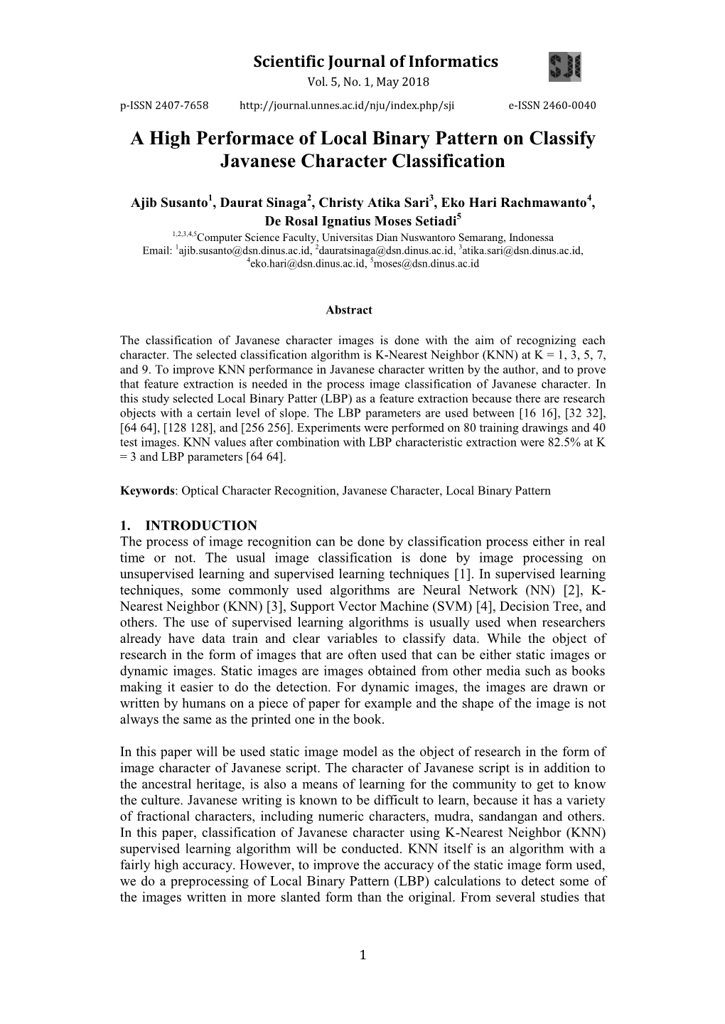 A High Performace of Local Binary Pattern on Classify Javanese Character Classification