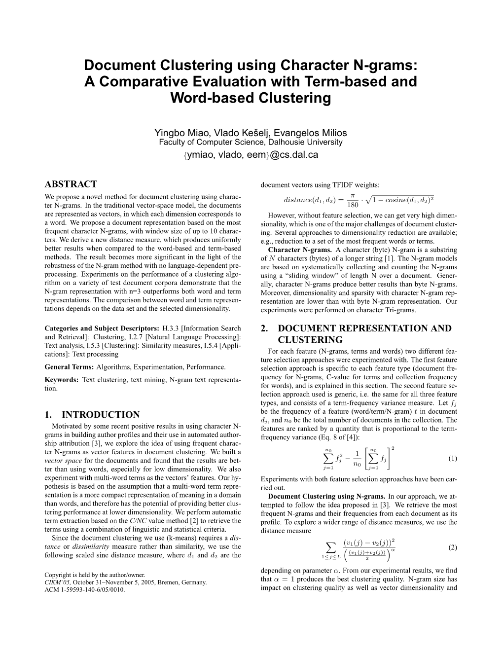 Document Clustering Using Character N-Grams: a Comparative Evaluation with Term-Based and Word-Based Clustering