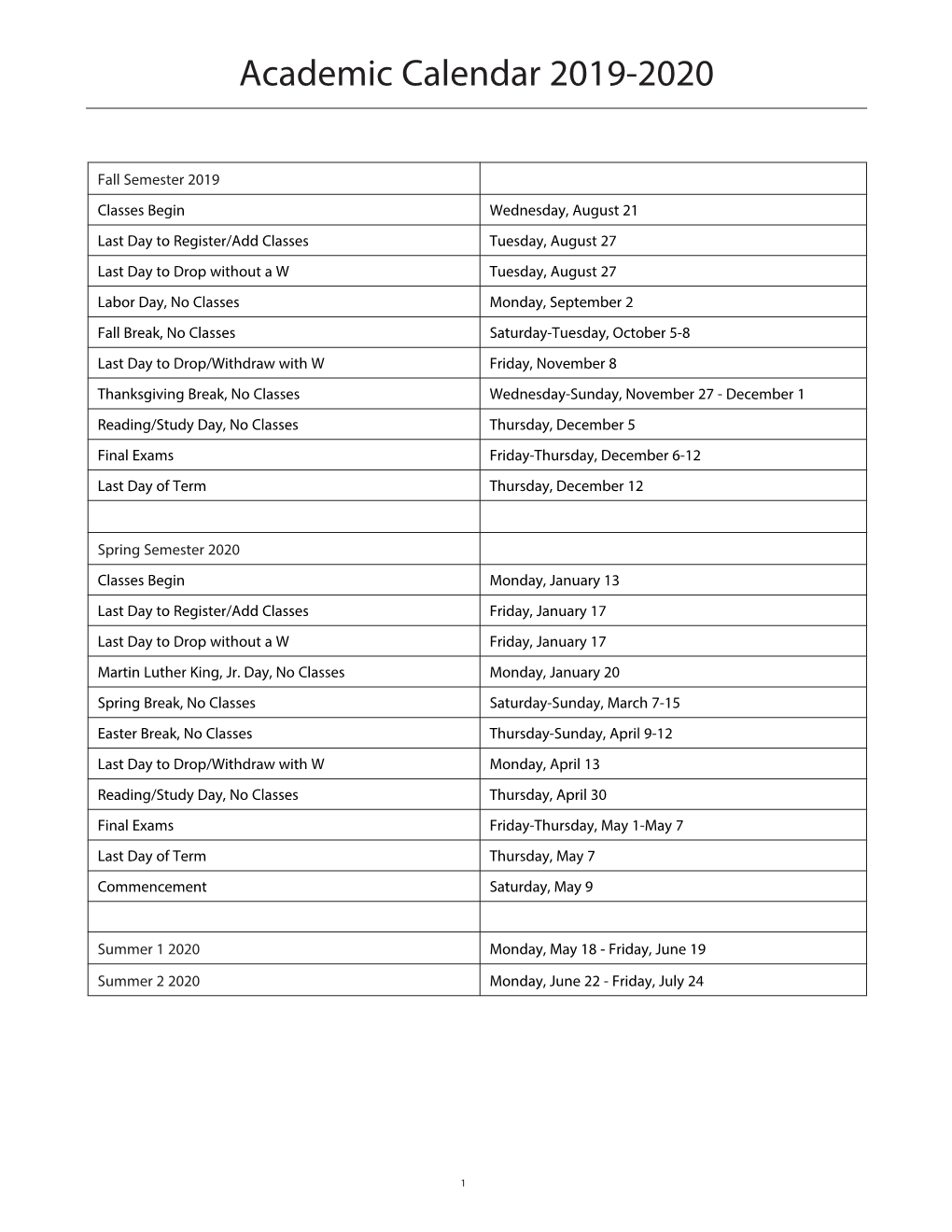 Academic Calendar 2019-2020