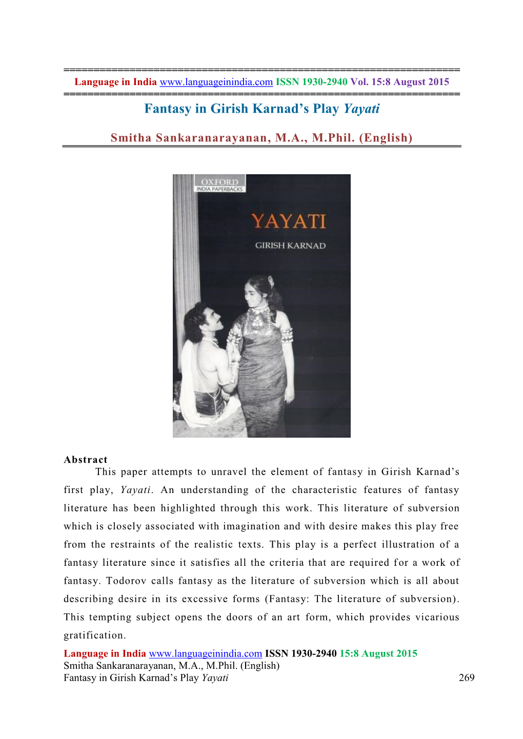 Fantasy in Girish Karnad's Play Yayati