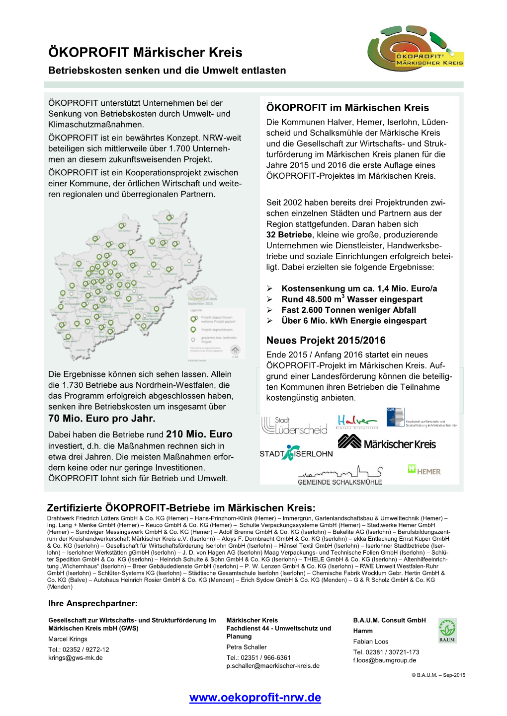 Projektinfoblatt ÖKOPROFIT MÄRKISCHER KREIS 2015