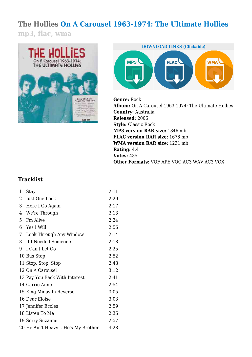 The Hollies on a Carousel 1963-1974: the Ultimate Hollies Mp3, Flac, Wma