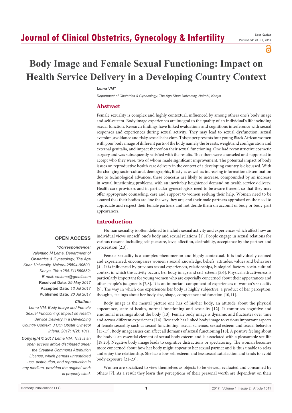 Body Image and Female Sexual Functioning: Impact on Health Service Delivery in a Developing Country Context