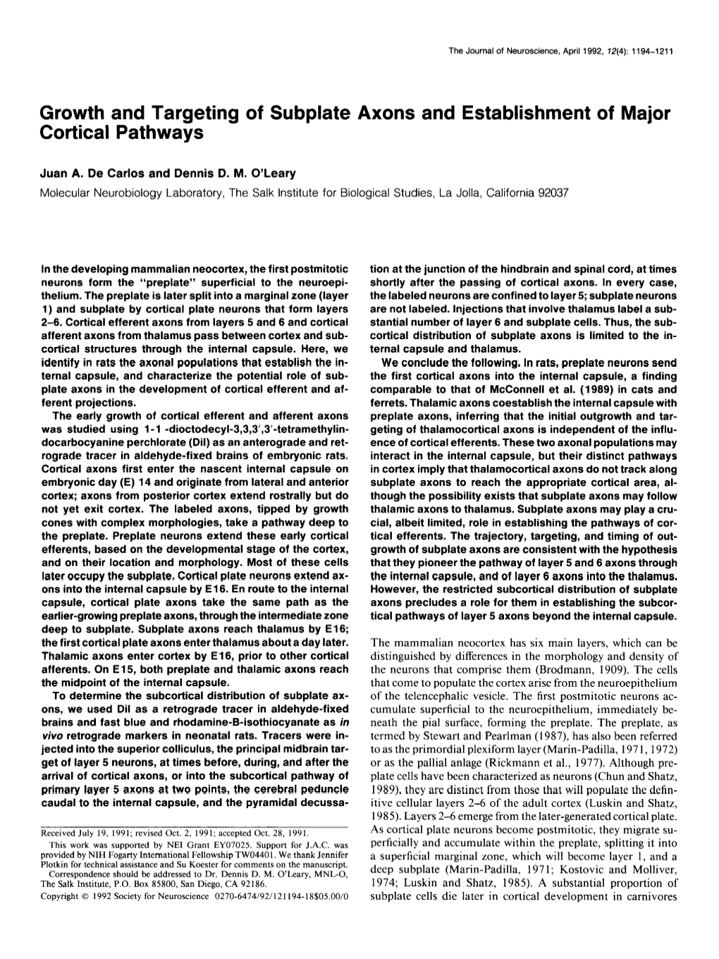 Growth and Targeting of Subplate Axons and Establishment of Major Cortical Pathways