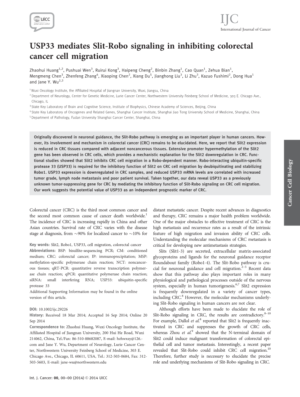 USP33 Mediates Slitrobo Signaling in Inhibiting Colorectal Cancer Cell