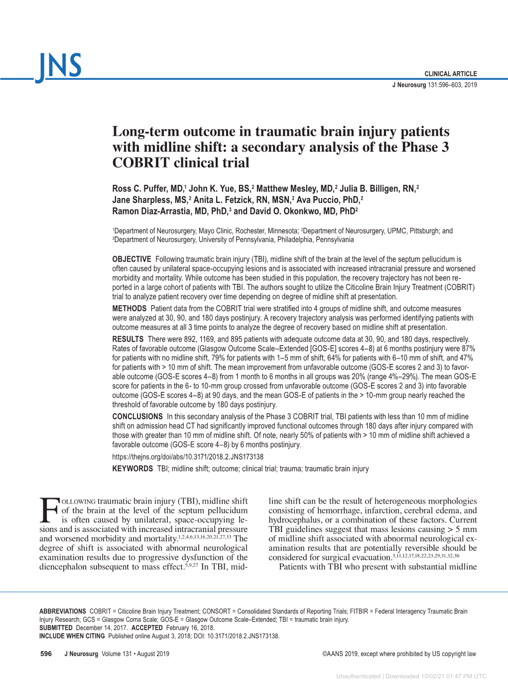 Long-Term Outcome in Traumatic Brain Injury Patients with Midline Shift: a Secondary Analysis of the Phase 3 COBRIT Clinical Trial