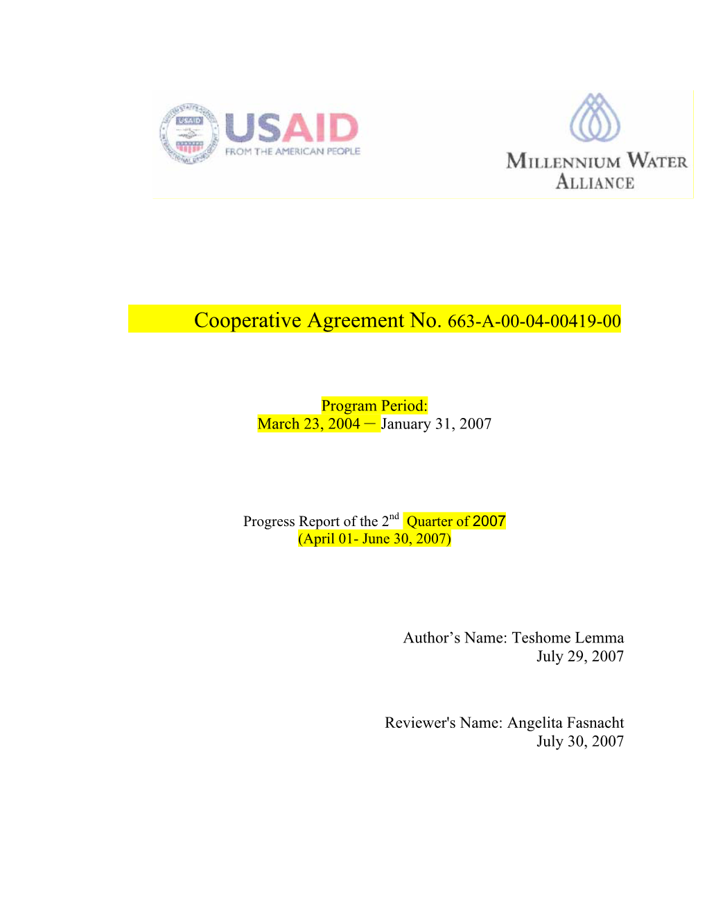 Cooperative Agreement No. 663-A-00-04-00419-00