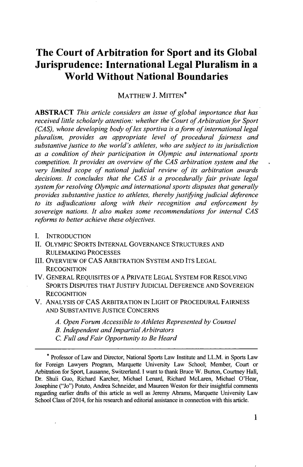 Court of Arbitration for Sport and Its Global Jurisprudence: International Legal Pluralism in a World Without National Boundaries