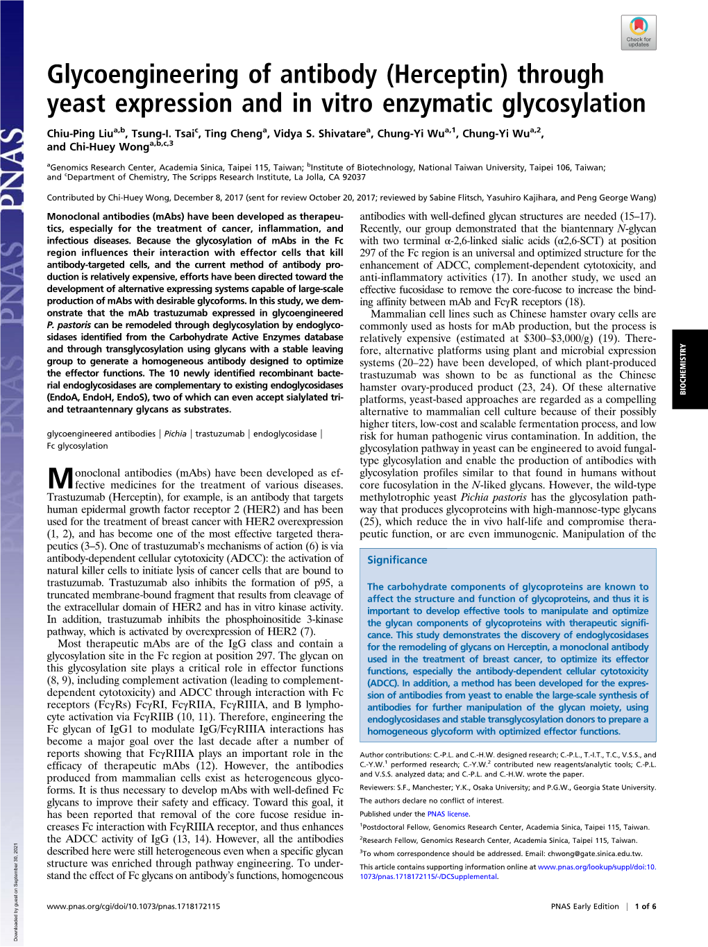 Glycoengineering of Antibody (Herceptin) Through Yeast Expression and in Vitro Enzymatic Glycosylation