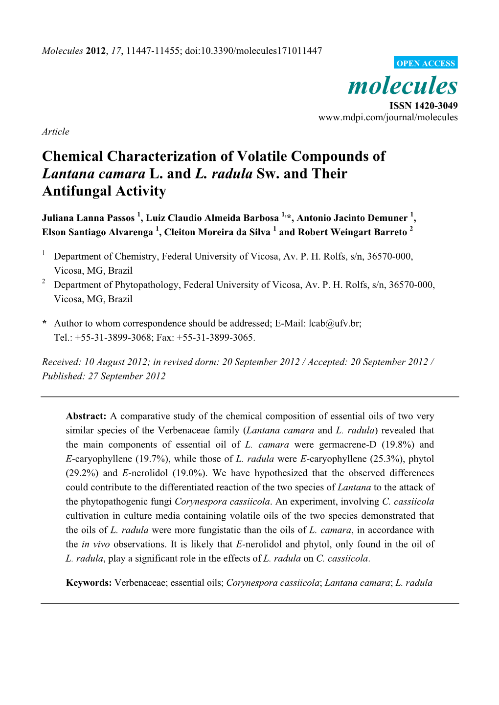 Chemical Characterization of Volatile Compounds of Lantana Camara L