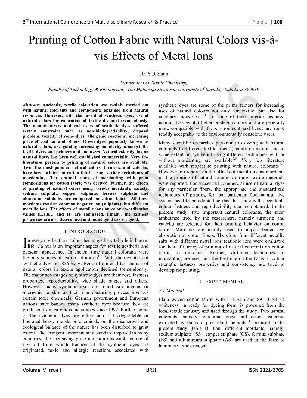 Printing of Cotton Fabric with Natural Colors Vis-À- Vis Effects of Metal Ions