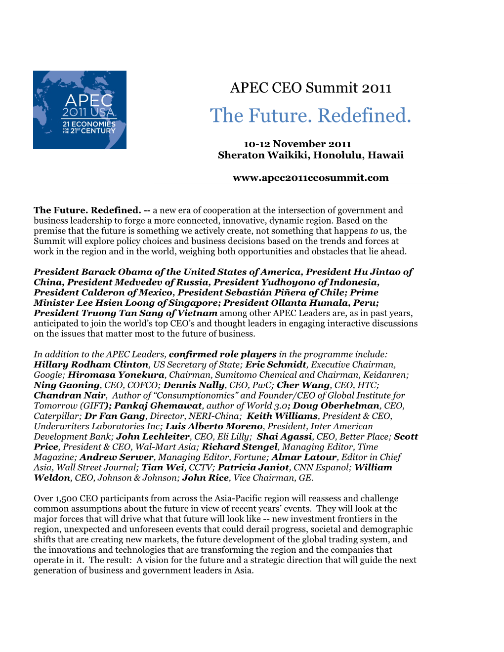 APEC CEO Summit 2011 Programme As of 11 October 2011