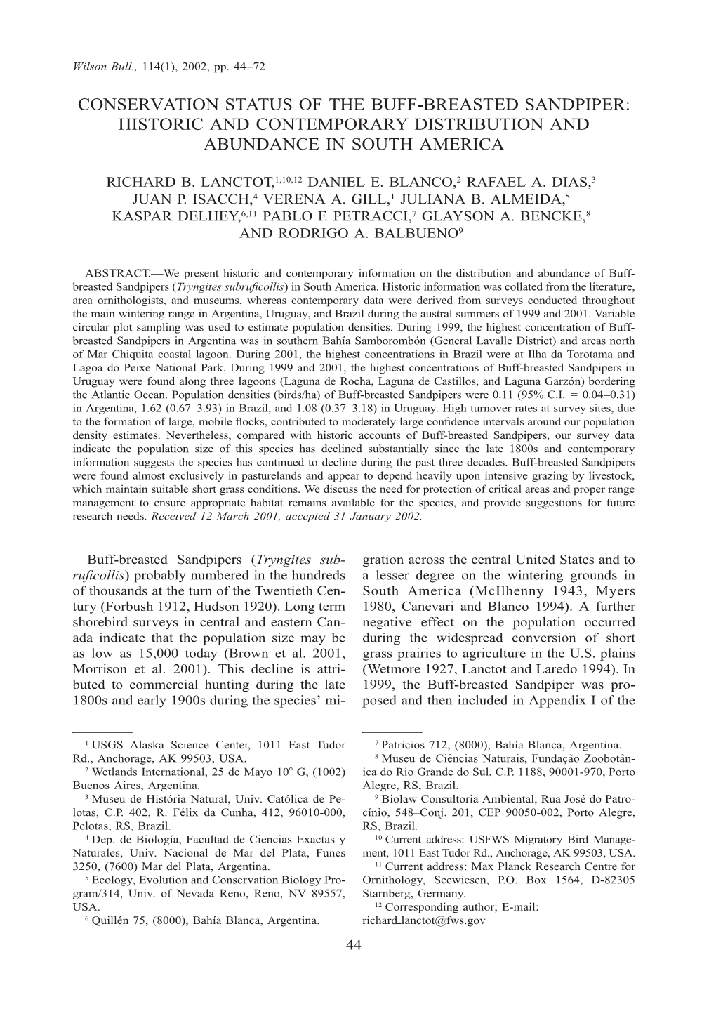 Conservation Status of the Buff-Breasted Sandpiper: Historic and Contemporary Distribution and Abundance in South America