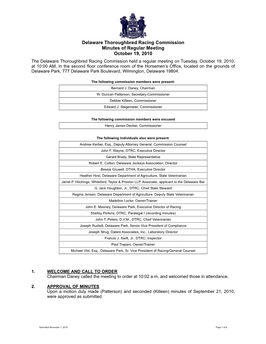 Delaware Thoroughbred Racing Commission Minutes of Regular Meeting October 19, 2010