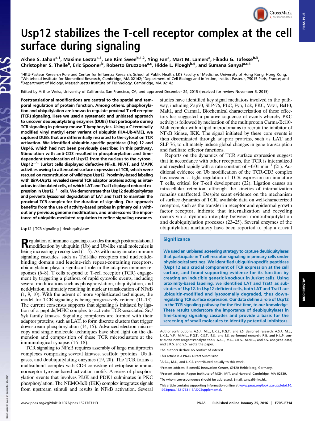 Usp12 Stabilizes the T-Cell Receptor Complex at the Cell Surface During