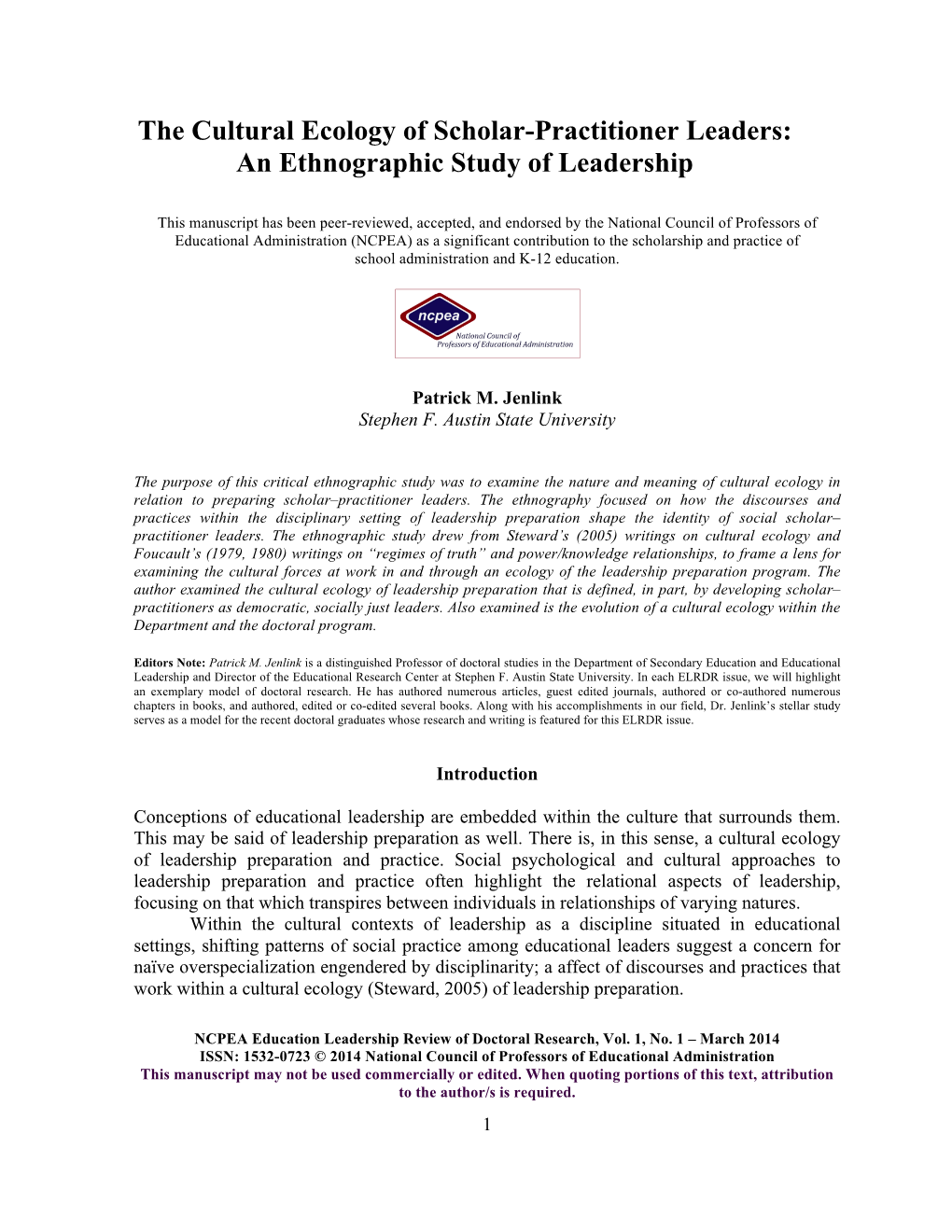 The Cultural Ecology of Scholar-Practitioner Leaders: an Ethnographic Study of Leadership