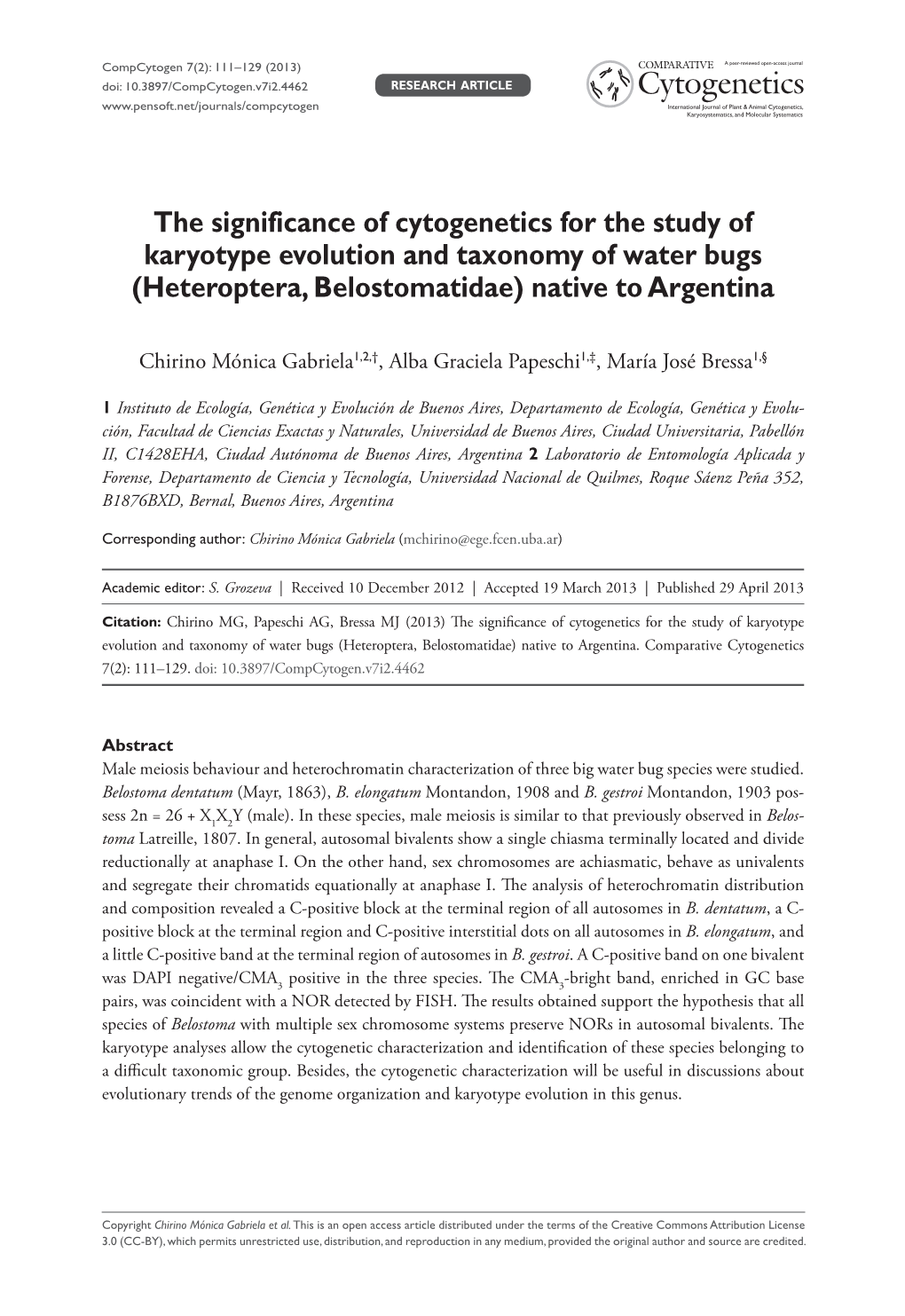 The Significance of Cytogenetics for the Study of Karyotype Evolution and Taxonomy of Water Bugs (Heteroptera, Belostomatidae) Native to Argentina