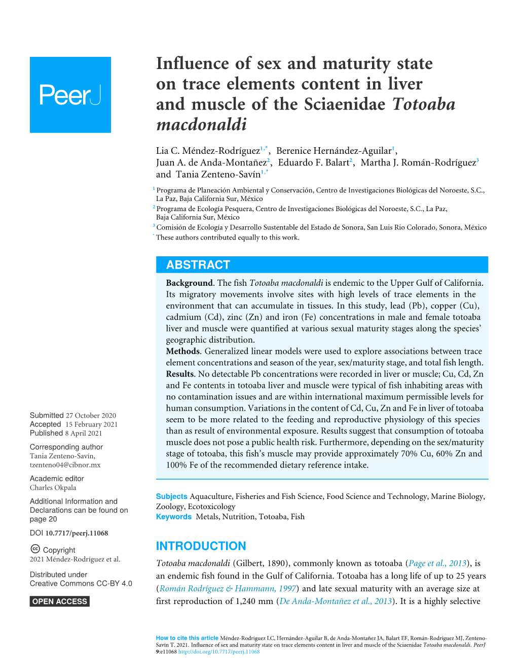 Influence of Sex and Maturity State on Trace Elements Content in Liver and Muscle of the Sciaenidae Totoaba Macdonaldi