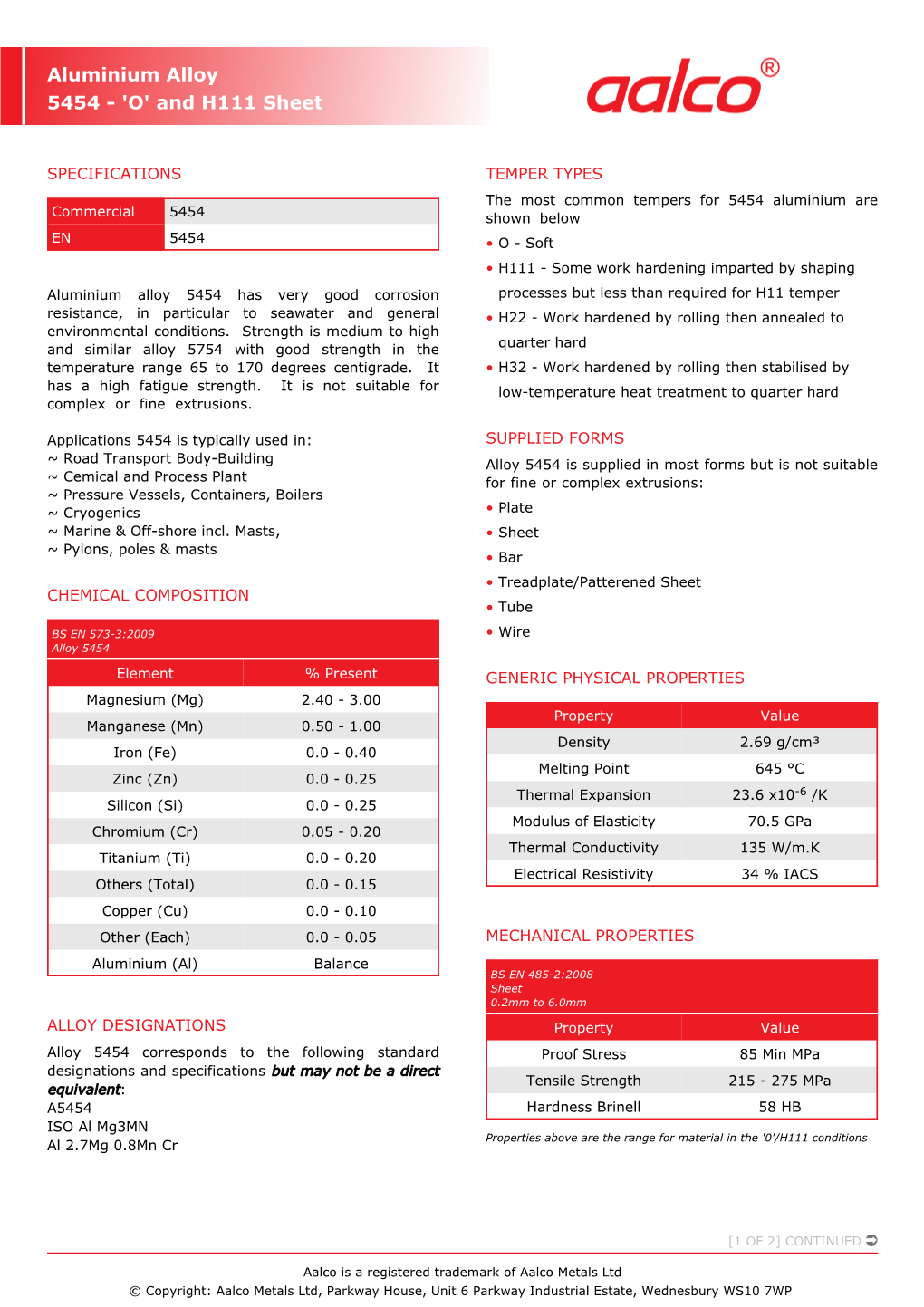 Aluminium Alloy 5454 - 'O' and H111 Sheet